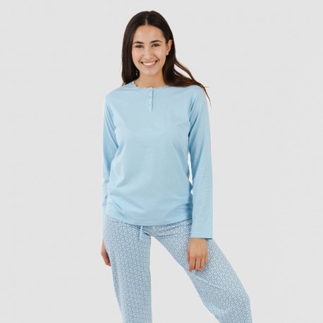 Pijama algodão Timon azul celeste pijamas-compridos-de-mulher