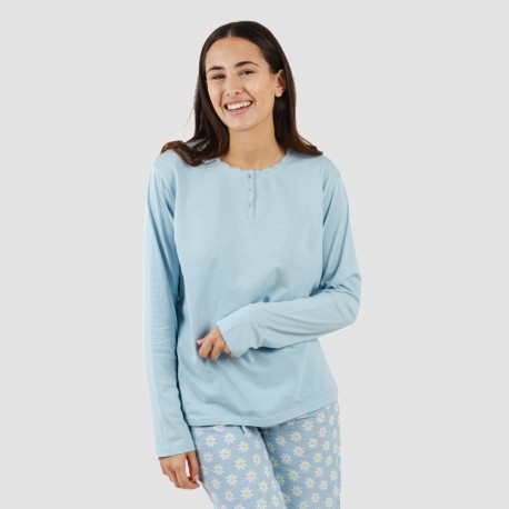 Pijama algodão Susan azul celeste pijamas-compridos-de-mulher