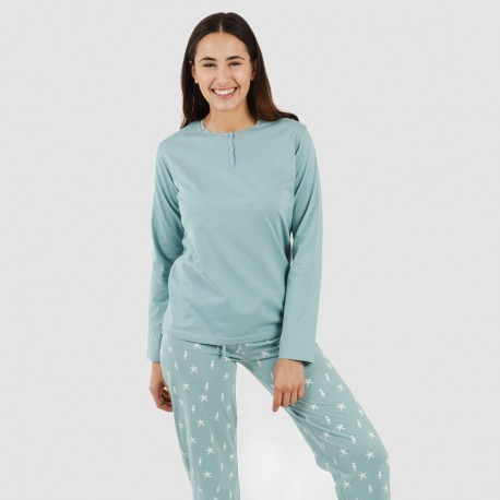 Pijama algodão Aaron verde azulado pijamas-compridos-de-mulher
