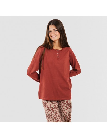 Pijama algodão Corinto cor telha pijamas-compridos-de-mulher