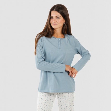 Pijama algodão Ines azul indigo pijamas-compridos-de-mulher