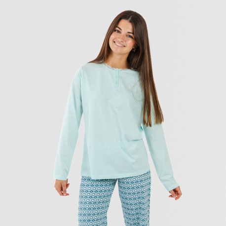 Pijama algodão Galieni verde azulado pijamas-compridos-de-mulher