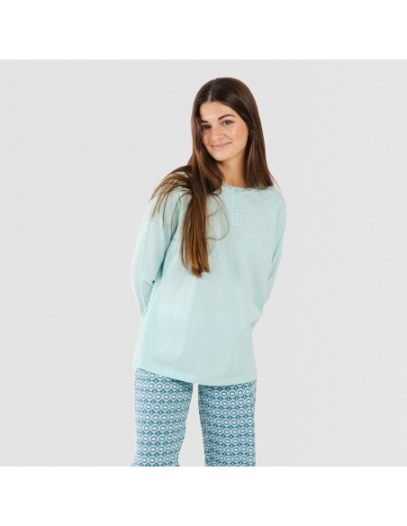 Pijama algodão Galieni verde azulado pijamas-compridos-de-mulher