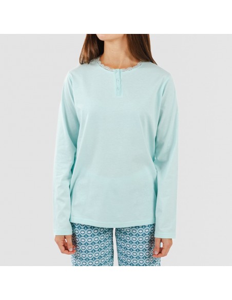Pijama algodão Galieni verde azulado pijamas-compridos-de-mulher