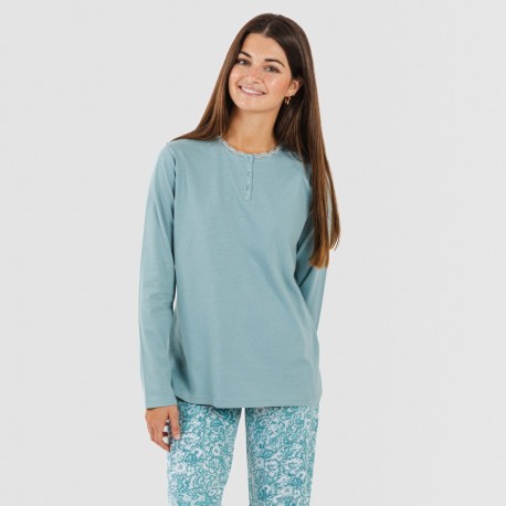 Pijama algodão Hera verde azulado pijamas-compridos-de-mulher