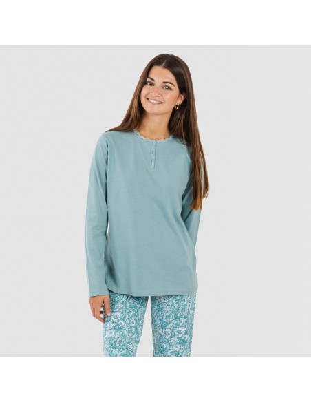 Pijama algodão Hera verde azulado pijamas-compridos-de-mulher