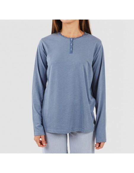 Pijama algodão Lista azul indigo pijamas-compridos-de-mulher