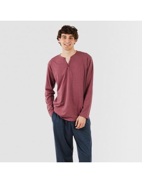 Pijama comprido homem com botões bordeaux - azul marinho