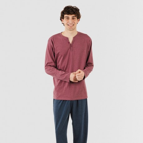 Pijama comprido homem com botões bordeaux - azul marinho