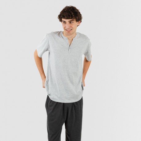 Pijama homem manga curta com botão cinza - cinza escuro