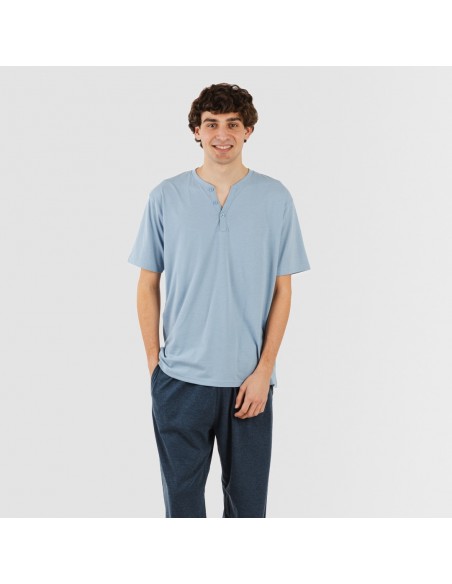 Pijama homem manga curta com botão azul indigo - azul marinho pijamas-compridos-homem