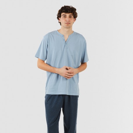 Pijama homem manga curta com botão azul indigo - azul marinho