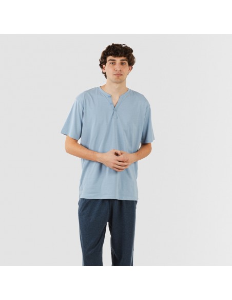Pijama homem manga curta com botão azul indigo - azul marinho