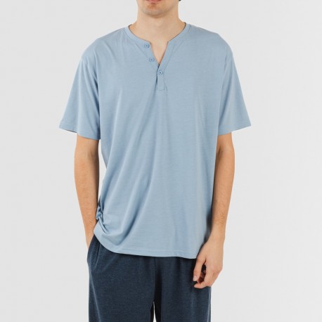 Pijama homem manga curta com botão azul indigo - azul marinho