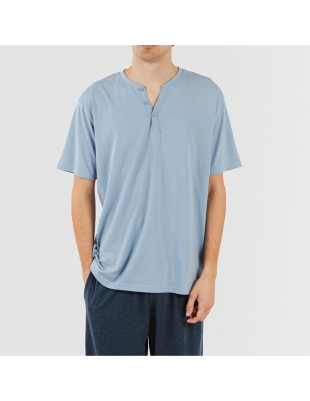 Pijama homem manga curta com botão azul indigo - azul marinho pijamas-compridos-homem