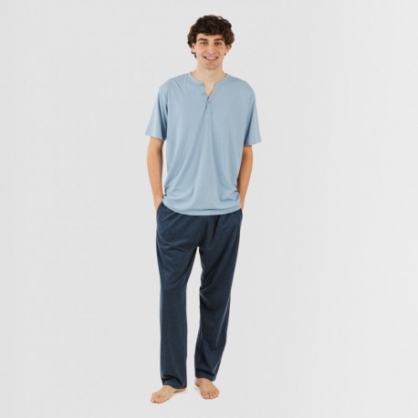Pijama homem manga curta com botão azul indigo - azul marinho