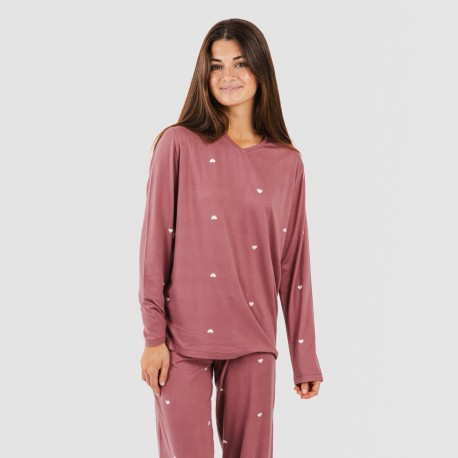Pijama mulher soft Hearts malva rosa pijamas-compridos-de-mulher