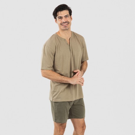 Pijama curto homem com botões verde caça - verde escuro