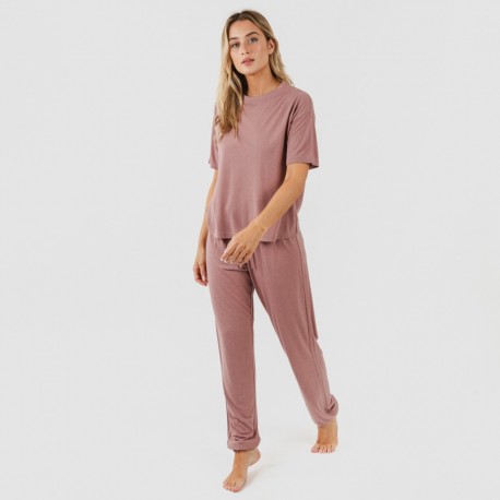 Pijama comprido manga curta viscosa mulher liso