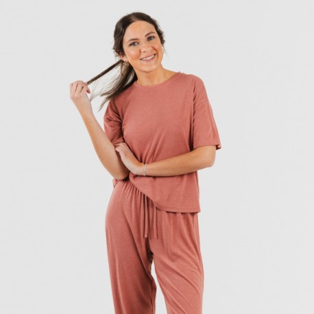 Pijama comprido manga curta viscosa mulher liso