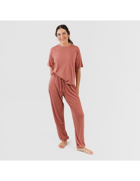 Pijama comprido manga curta viscosa mulher liso