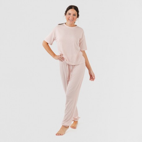 Pijama comprido manga curta viscosa mulher liso