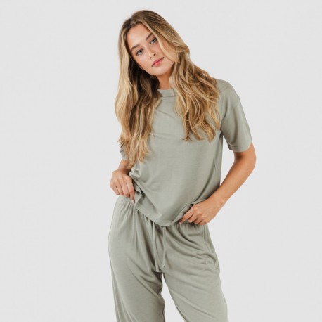 Pijama comprido manga curta viscosa mulher liso