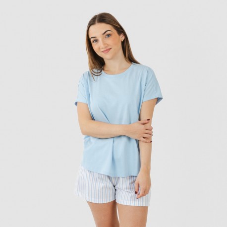 Pijama curto manga fluída algodão mulher Bennet azul celeste pijamas-curtos-mulher