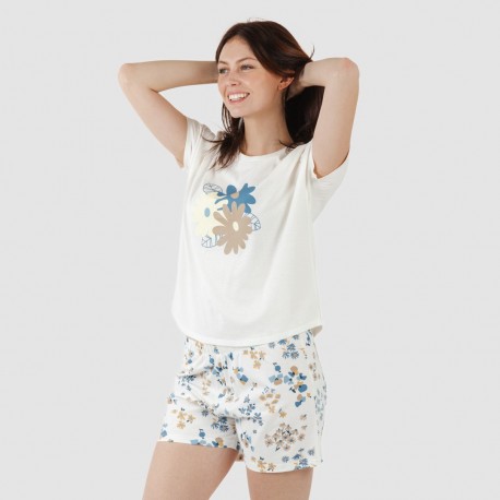 Pijama curto manga fluída algodão mulher Arauz azul indigo