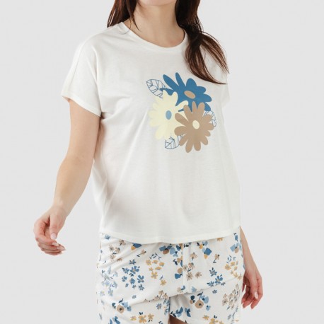 Pijama curto manga fluída algodão mulher Arauz azul indigo