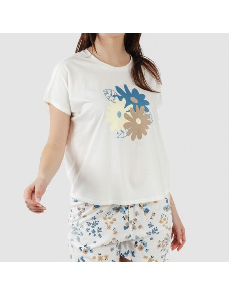 Pijama curto manga fluída algodão mulher Arauz azul indigo Pijama curto manga fluída algodão mulher Arauz azul indigo