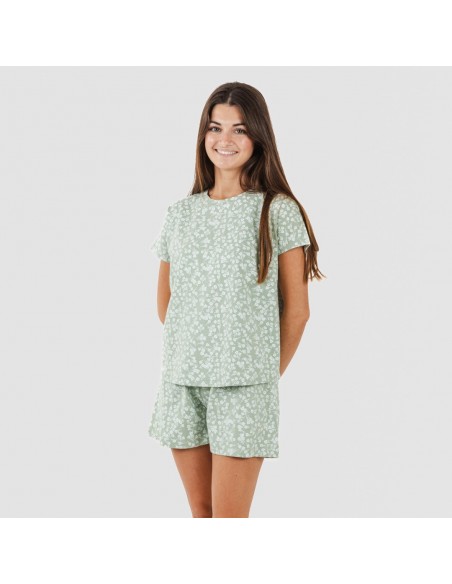 Pijama curto manga fluída algodão mulher Oniris verde caça pijamas-curtos-mulher