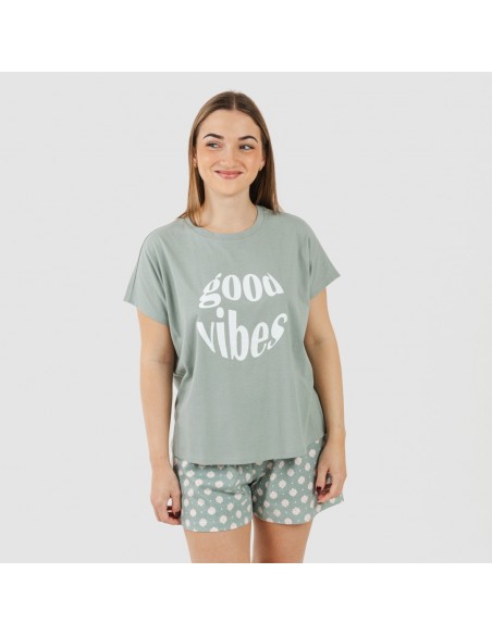Pijama curto manga fluída algodão mulher Irati verde caça Pijama curto manga fluída algodão mulher Irati verde caça