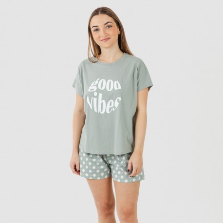 Pijama curto manga fluída algodão mulher Irati verde caça