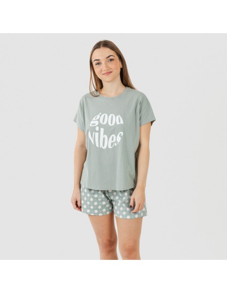 Pijama curto manga fluída algodão mulher Irati verde caça Pijama curto manga fluída algodão mulher Irati verde caça