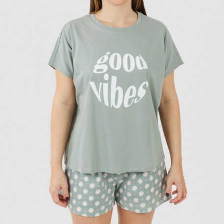 Pijama curto manga fluída algodão mulher Irati verde caça