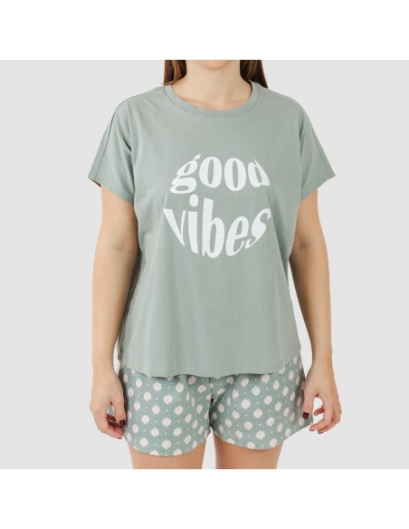Pijama curto manga fluída algodão mulher Irati verde caça Pijama curto manga fluída algodão mulher Irati verde caça