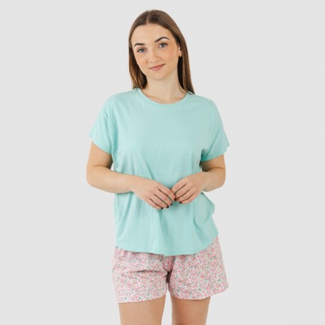 Pijama curto manga fluída algodão mulher Salima verde água pijamas-curtos-mulher