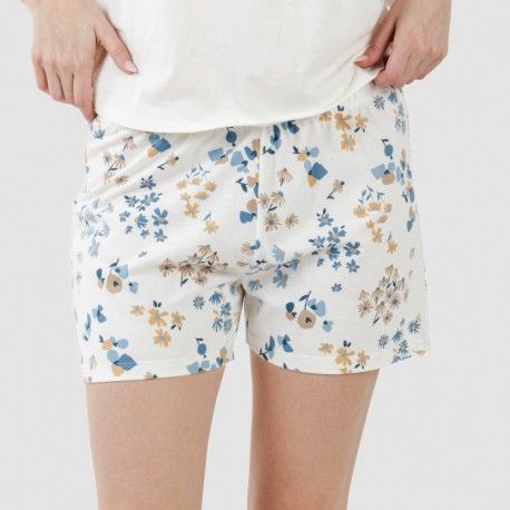 Pijama curto manga fluída algodão mulher Arauz azul indigo