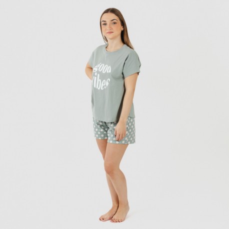 Pijama curto manga fluída algodão mulher Irati verde caça