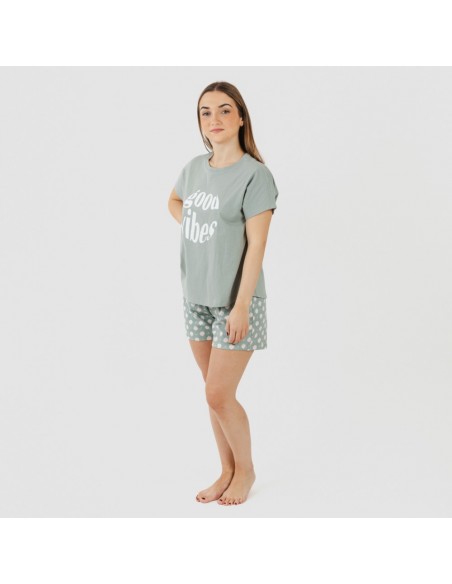 Pijama curto manga fluída algodão mulher Irati verde caça Pijama curto manga fluída algodão mulher Irati verde caça