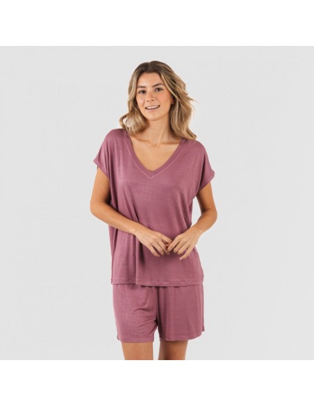 Pijama curto manga fluída viscosa mulher lisos Pijama curto manga fluída viscosa mulher lisos