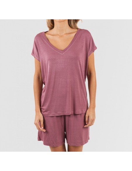 Pijama curto manga fluída viscosa mulher lisos Pijama curto manga fluída viscosa mulher lisos