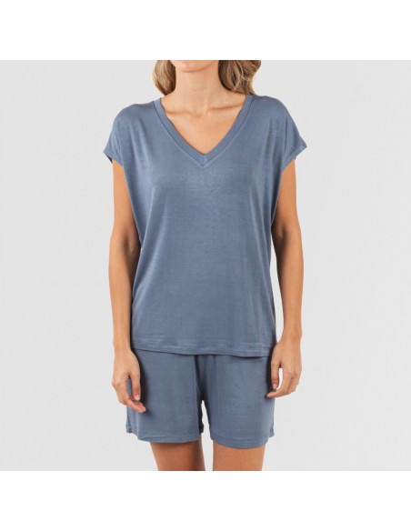 Pijama curto manga fluída viscosa mulher lisos Pijama curto manga fluída viscosa mulher lisos