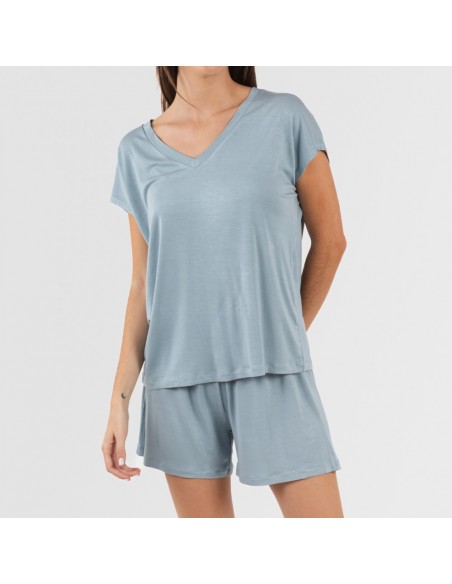 Pijama curto manga fluída viscosa mulher lisos Pijama curto manga fluída viscosa mulher lisos