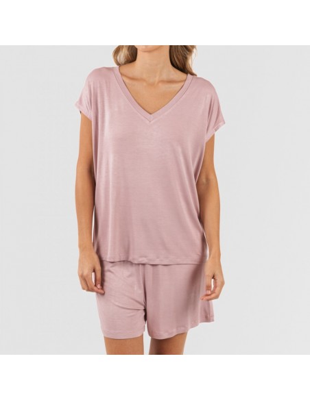Pijama curto manga fluída viscosa mulher lisos Pijama curto manga fluída viscosa mulher lisos