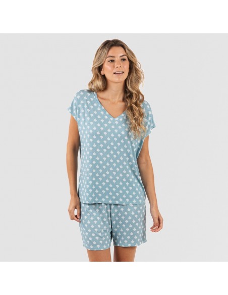 Pijama curto manga fluída viscosa mulher Summer azul indigo pijamas-curtos-mulher