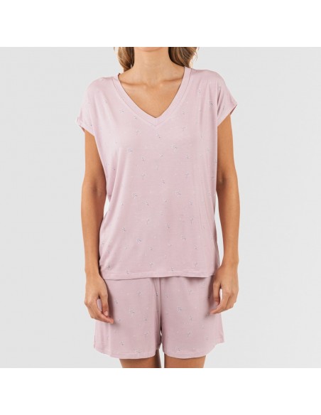 Pijama curto manga fluída viscosa mulher Melanie malva Pijama curto manga fluída viscosa mulher Melanie malva