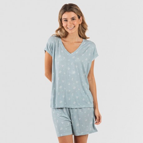 Pijama curto manga fluída viscosa mulher Adriane verde água pijamas-curtos-mulher