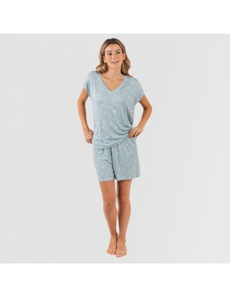 Pijama curto manga fluída viscosa mulher Adriane verde água pijamas-curtos-mulher